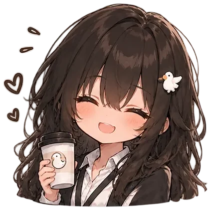 Goosy, delighted, holding a coffee